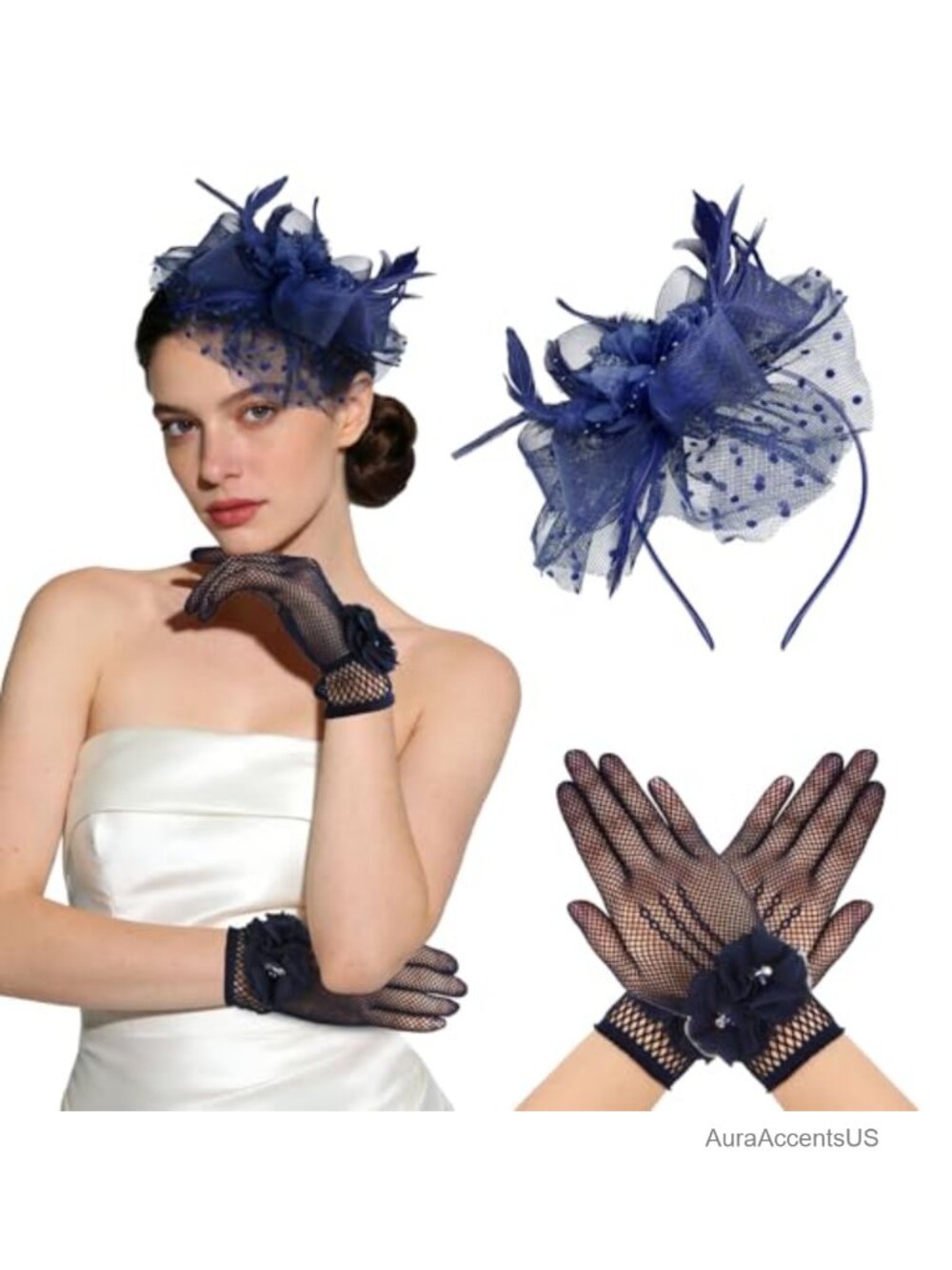 Fascinators Hat and Gloves Set Mesh Feathers Headband Hair Clip Tea Party